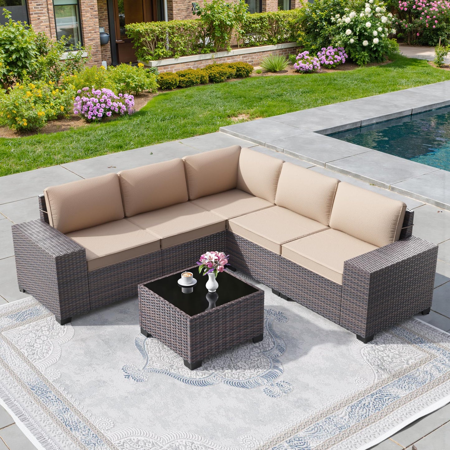 13 PCS Outdoor Patio Furniture Set,Outdoor Sectional Furniture with 43" 55000 BTU Gas Propane Fire Pit Table,All Weather PE Rattan Wicker Patio Conversation Set,Navy Blue