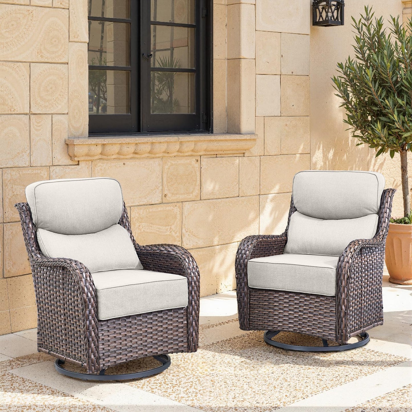Luxury Patio Furniture Set with 6-inch Thick Cushion, Outdoor Furniture with Fire Pit Table, Swivel Chairs, Sofa, Side Table, Ottomans, 9pcs Wicker Conversation Set(Brown Wicker | Grey Cushion)