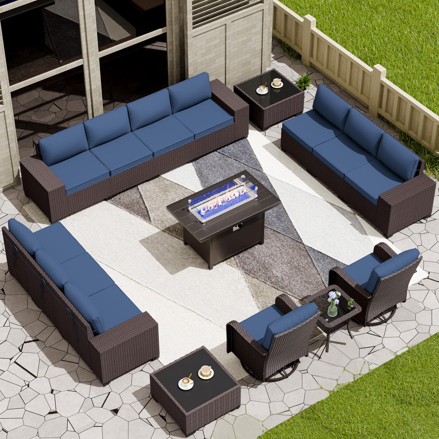13 PCS Outdoor Patio Furniture Set,Outdoor Sectional Furniture with 43" 55000 BTU Gas Propane Fire Pit Table,All Weather PE Rattan Wicker Patio Conversation Set,Navy Blue