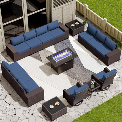 13 PCS Outdoor Patio Furniture Set,Outdoor Sectional Furniture with 43" 55000 BTU Gas Propane Fire Pit Table,All Weather PE Rattan Wicker Patio Conversation Set,Navy Blue