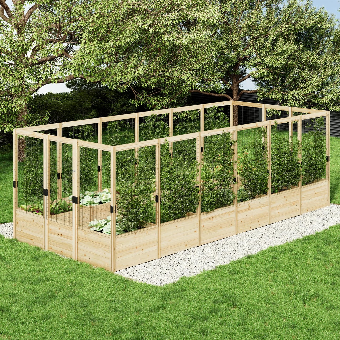 AMERLIFE Raised Garden Bed with Deer Proof Fence, 7.5Wx17Dx6H Outdoor Wooden Raised Garden Bed Planter with 19" Depth Planter Box