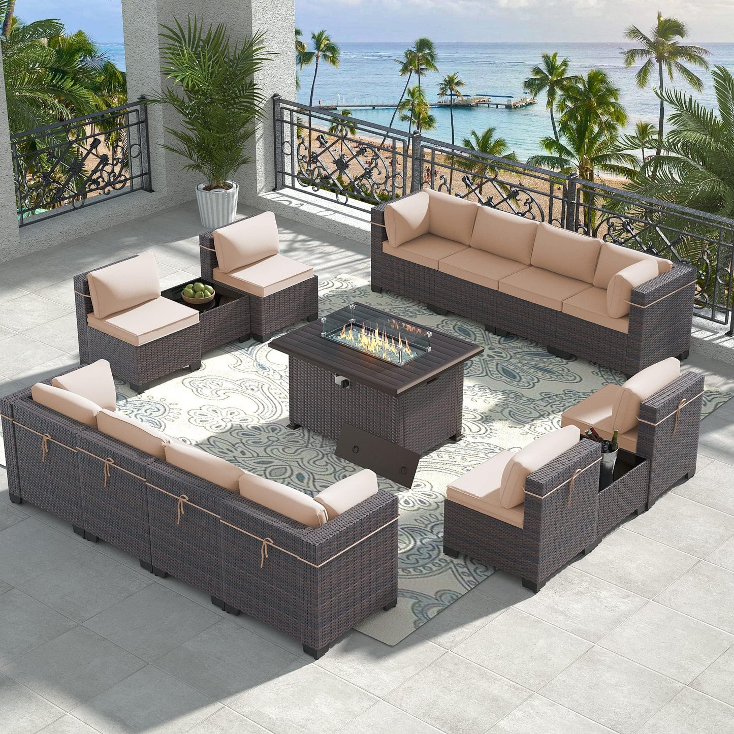 13 PCS Outdoor Patio Furniture Set,Outdoor Sectional Furniture with 43" 55000 BTU Gas Propane Fire Pit Table,All Weather PE Rattan Wicker Patio Conversation Set,Navy Blue