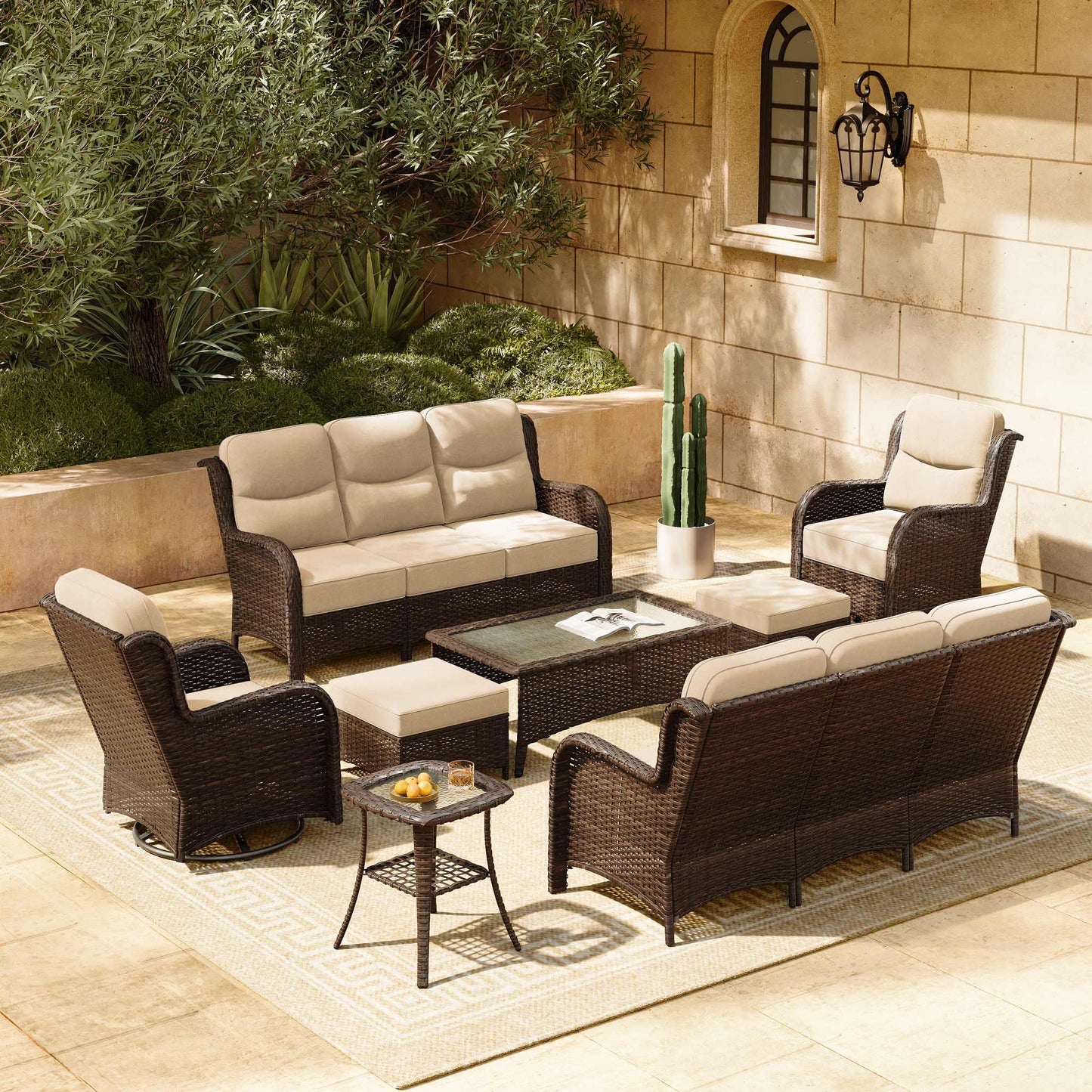 HILLGA 7-Piece Luxury Patio Furniture Set with 6" Thick Cushions, Weather-Resistant Wicker High Back Swivel Rocker Chairs, Senior-Friendly Outdoor Sofa Set for Large Deck, Yard and Poolside, Beige(V2)