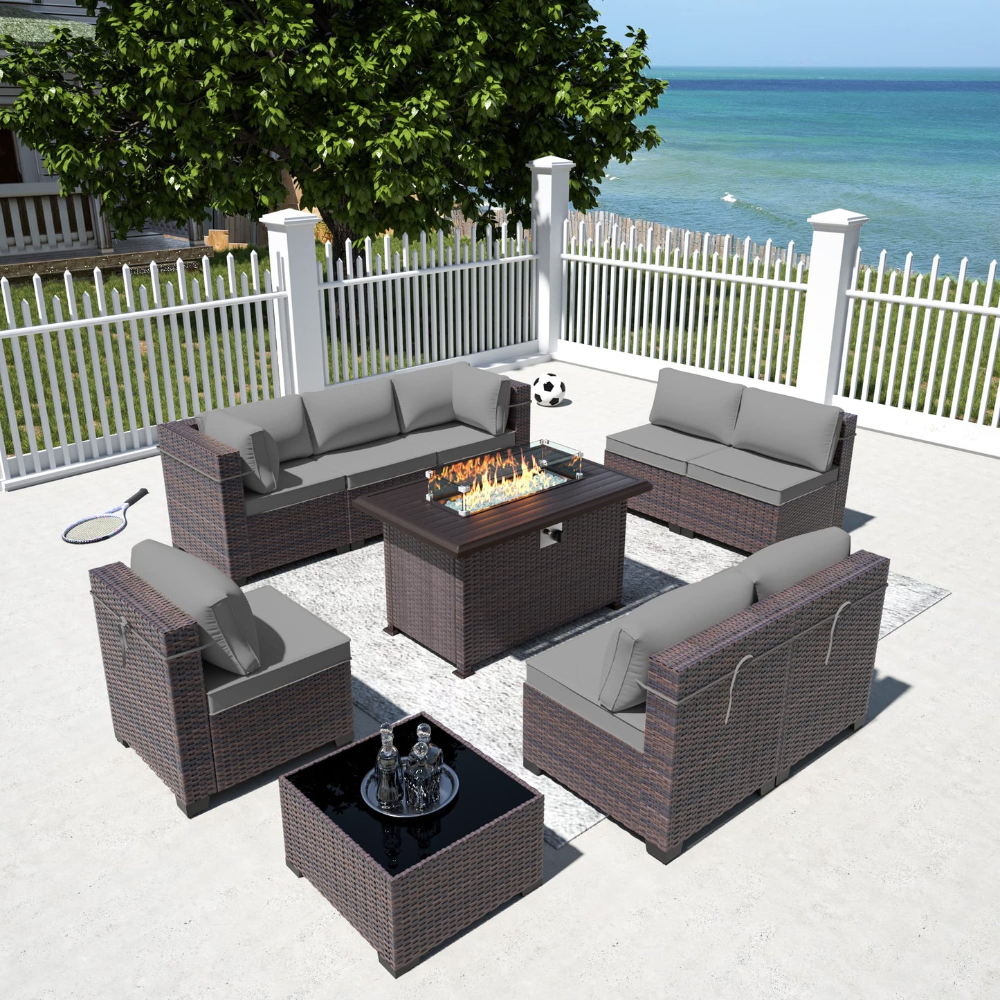 13 PCS Outdoor Patio Furniture Set,Outdoor Sectional Furniture with 43" 55000 BTU Gas Propane Fire Pit Table,All Weather PE Rattan Wicker Patio Conversation Set,Navy Blue