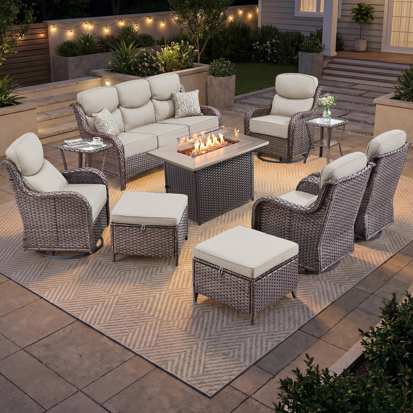 Luxury Patio Furniture Set with 6-inch Thick Cushion, Outdoor Furniture with Fire Pit Table, Swivel Chairs, Sofa, Side Table, Ottomans, 9pcs Wicker Conversation Set(Brown Wicker | Grey Cushion)