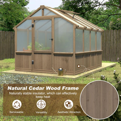 Yardenaler 8x16 FT Greenhouse for Outdoor, 6MM Thick Polycarbonate Panel Wooden Walk-in Green House with Adjustable Roof Vents and Lockable Door, Backyard Garden, Light Mocha Brown