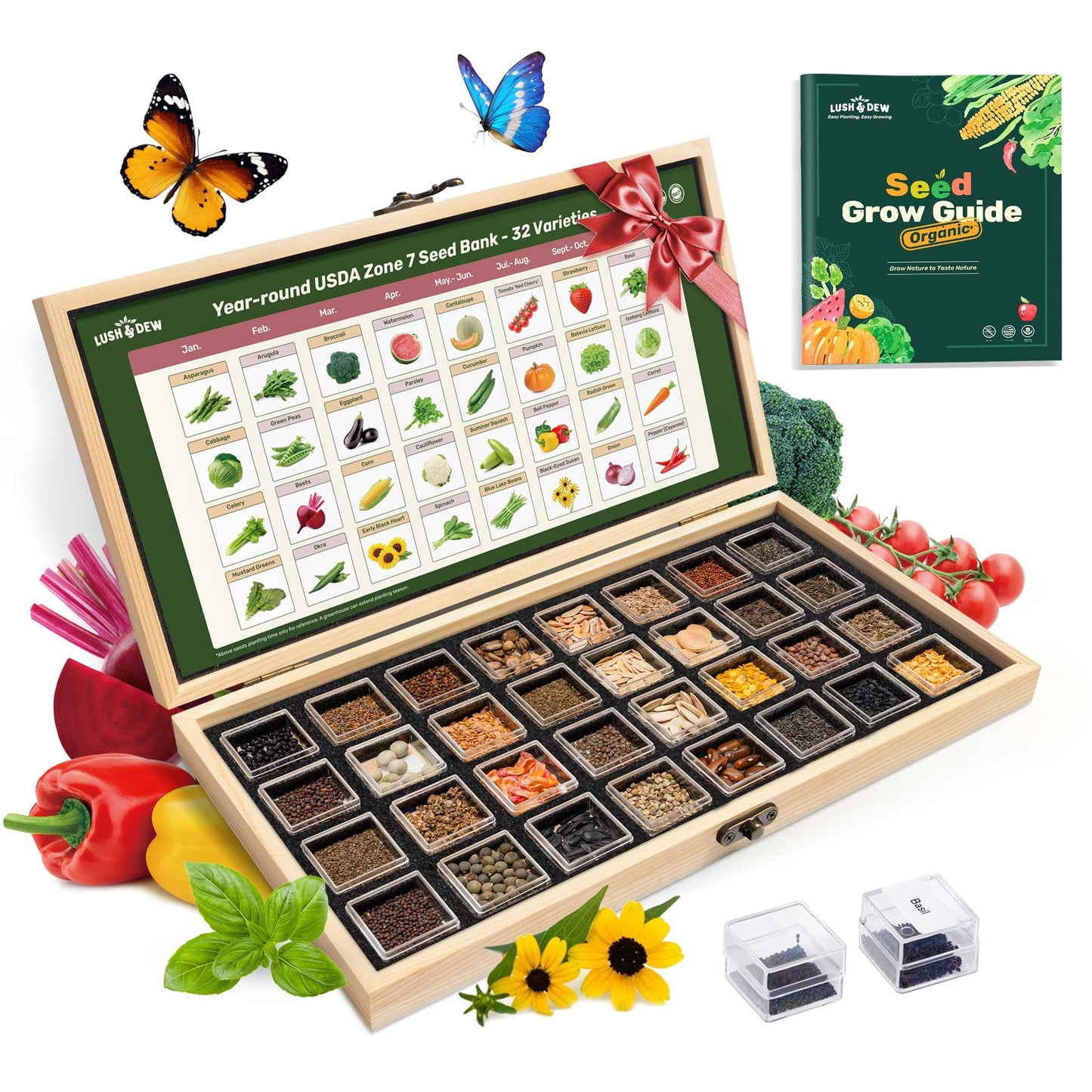 Lush&Dew Year-Round USDA Zone 9 Seed Bank, Gardening Gifts for Women Men, 32 Varieties Non-GMO Heirloom Seeds of Vegetables Herbs Fruits, Gift for Mom Dad, Survival Seed Kit for Raised Garden Beds