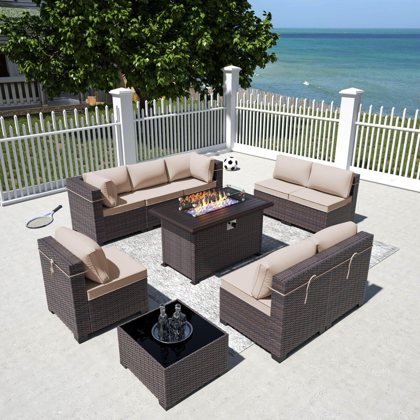 13 PCS Outdoor Patio Furniture Set,Outdoor Sectional Furniture with 43" 55000 BTU Gas Propane Fire Pit Table,All Weather PE Rattan Wicker Patio Conversation Set,Navy Blue