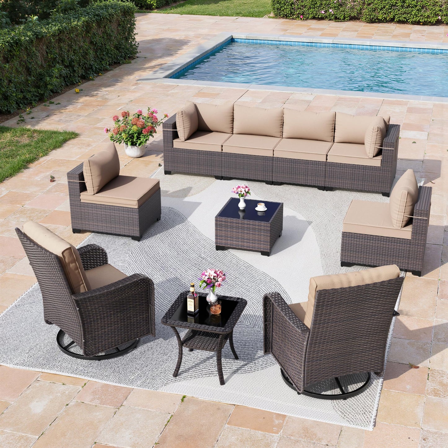 13 PCS Outdoor Patio Furniture Set,Outdoor Sectional Furniture with 43" 55000 BTU Gas Propane Fire Pit Table,All Weather PE Rattan Wicker Patio Conversation Set,Navy Blue