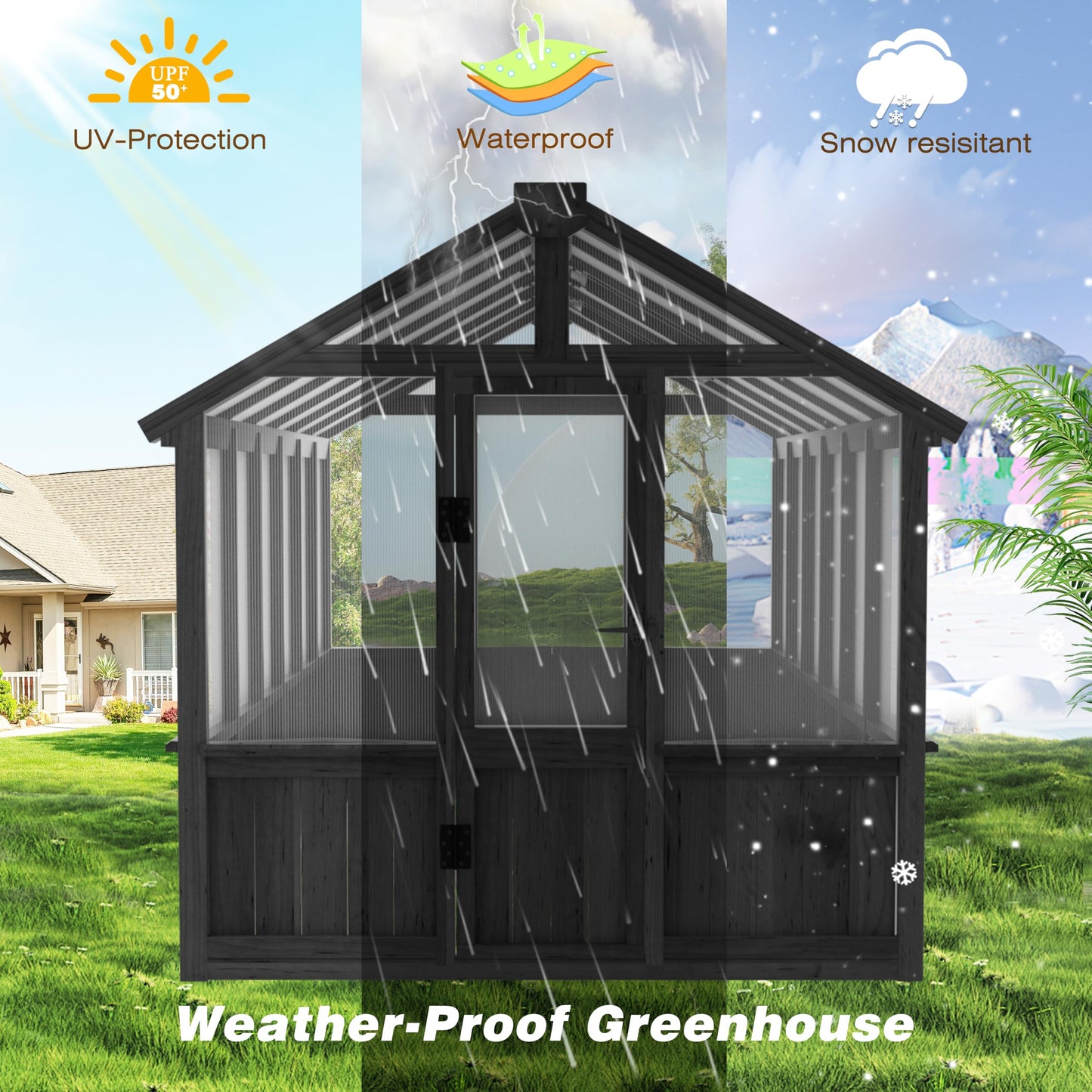 Yardenaler 8x16 FT Greenhouse for Outdoor, 6MM Thick Polycarbonate Panel Wooden Walk-in Green House with Adjustable Roof Vents and Lockable Door, Backyard Garden, Light Mocha Brown