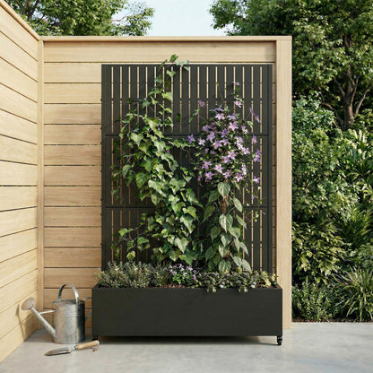 72" H Metal Raised Garden Bed with Trellis and Wheels, Privacy Screen Outdoor Planter Box with Decor Leaf Pattern, Large Mobile Vertical Planter for Patio, Balcony & Backyard