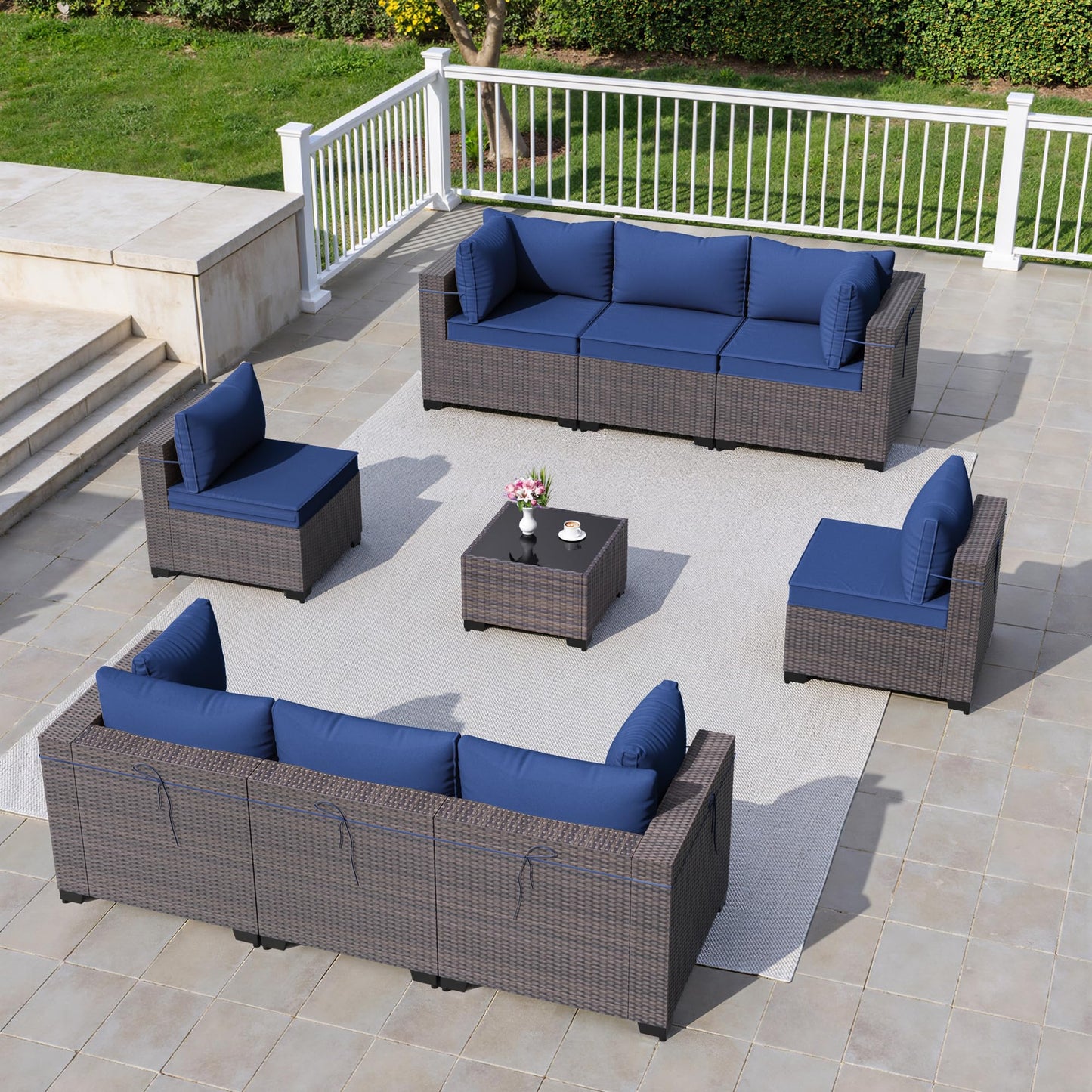 13 PCS Outdoor Patio Furniture Set,Outdoor Sectional Furniture with 43" 55000 BTU Gas Propane Fire Pit Table,All Weather PE Rattan Wicker Patio Conversation Set,Navy Blue