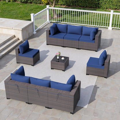 13 PCS Outdoor Patio Furniture Set,Outdoor Sectional Furniture with 43" 55000 BTU Gas Propane Fire Pit Table,All Weather PE Rattan Wicker Patio Conversation Set,Navy Blue
