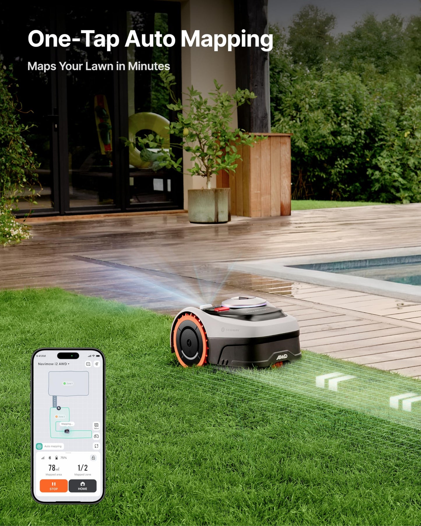 Segway Navimow i110N Robot Lawn Mower Perimeter Wire Free 1/4 Acre RTK+Vision Robotic Lawnmower, AI-Assisted Mapping, Virtual Boundary, APP Control, 58dB(A) Quiet, Multi-Zone Management