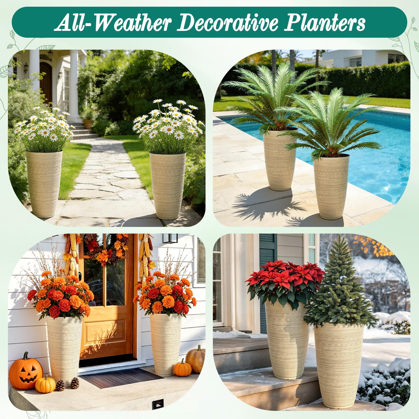 Autodaya 22" Urn Planters Outdoor Planter for Plants Set of 2 Timeless Plastic Large Flower Pot with Drainage Hole Terrazzo White Garden Pots for Porch, Patio Christmas Decor