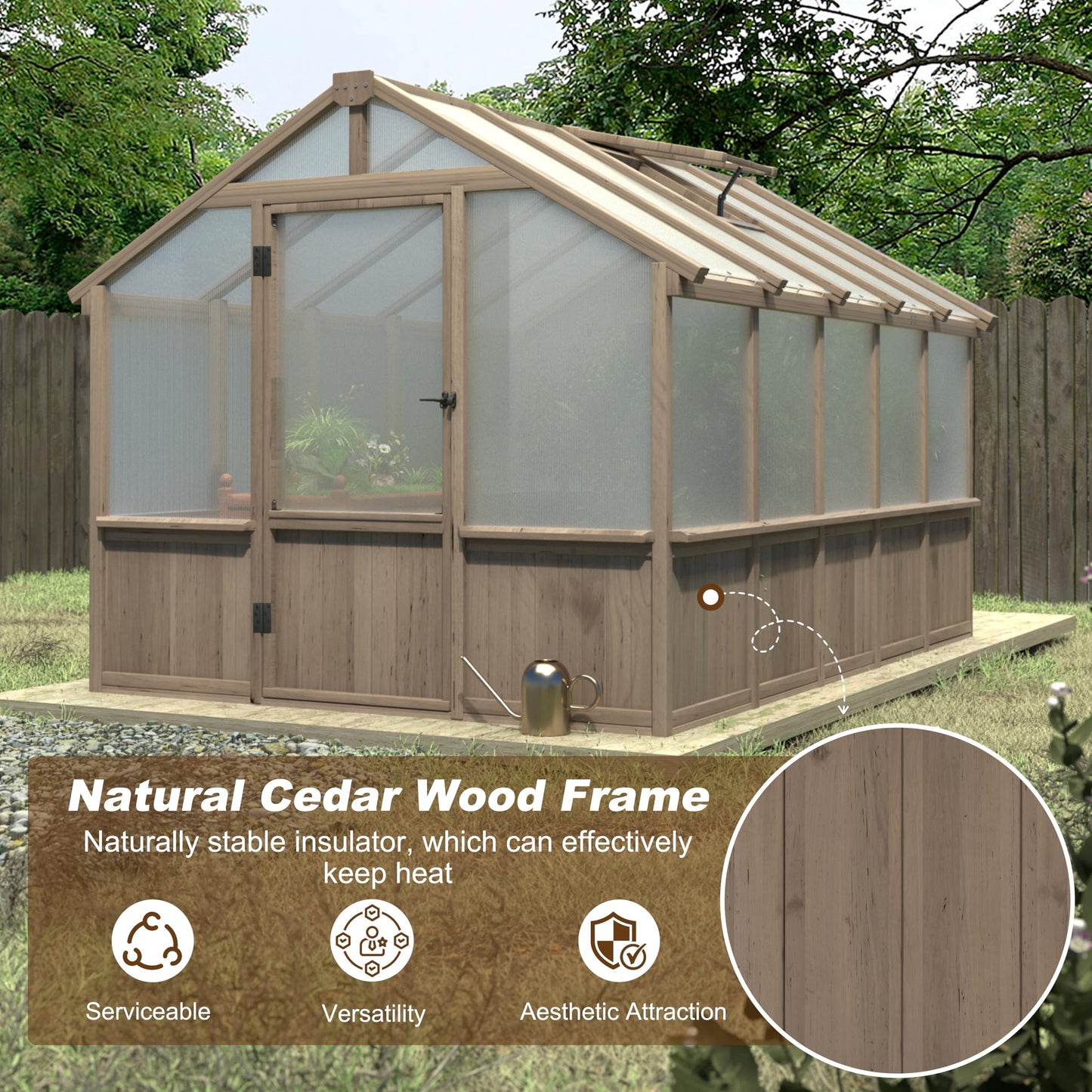 Yardenaler 8x16 FT Greenhouse for Outdoor, 6MM Thick Polycarbonate Panel Wooden Walk-in Green House with Adjustable Roof Vents and Lockable Door, Backyard Garden, Light Mocha Brown