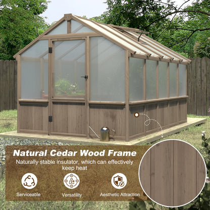Yardenaler 8x16 FT Greenhouse for Outdoor, 6MM Thick Polycarbonate Panel Wooden Walk-in Green House with Adjustable Roof Vents and Lockable Door, Backyard Garden, Light Mocha Brown