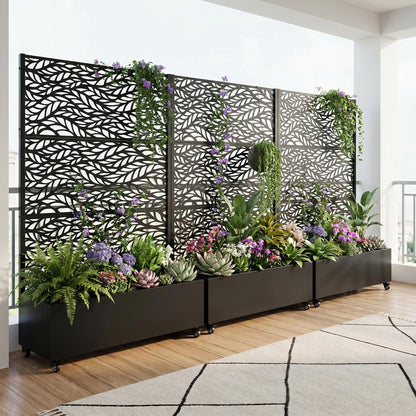 72" H Metal Raised Garden Bed with Trellis and Wheels, Privacy Screen Outdoor Planter Box with Decor Leaf Pattern, Large Mobile Vertical Planter for Patio, Balcony & Backyard