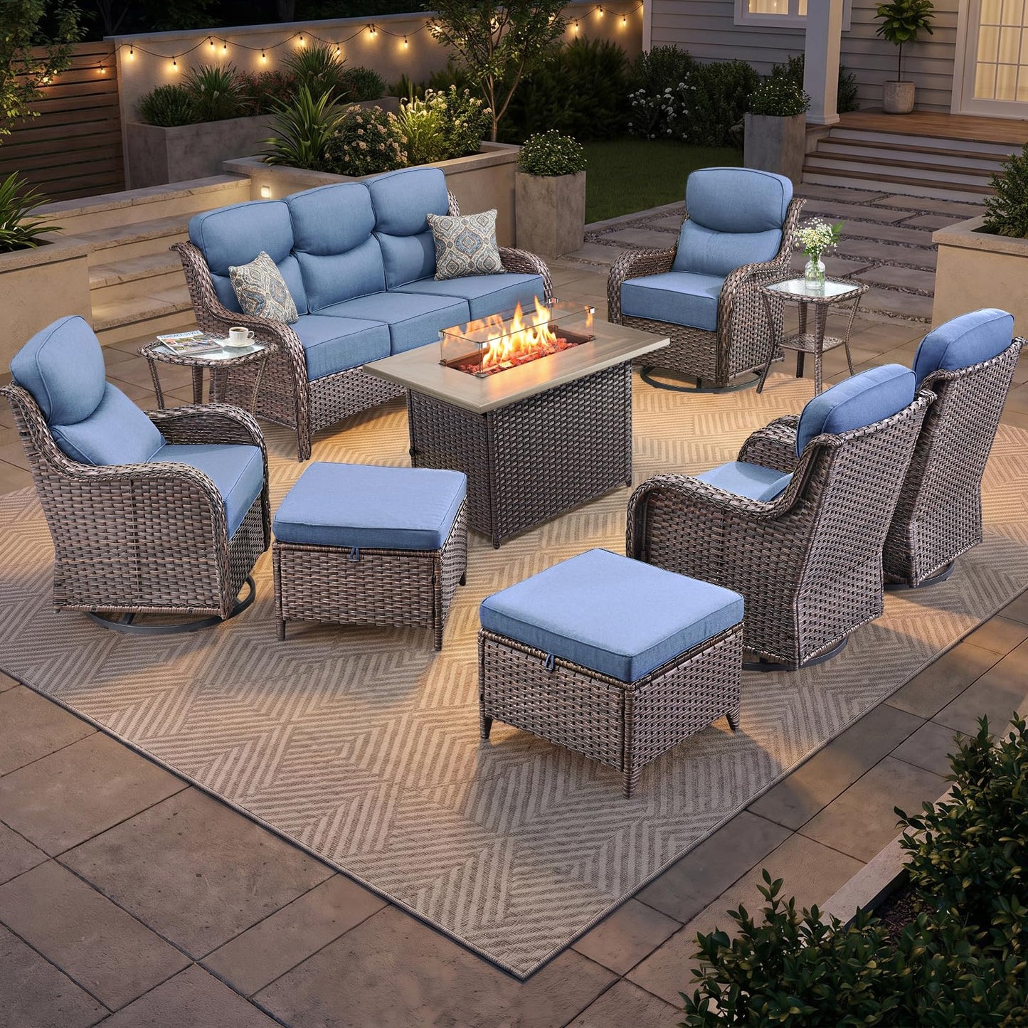 Luxury Patio Furniture Set with 6-inch Thick Cushion, Outdoor Furniture with Fire Pit Table, Swivel Chairs, Sofa, Side Table, Ottomans, 9pcs Wicker Conversation Set(Brown Wicker | Grey Cushion)