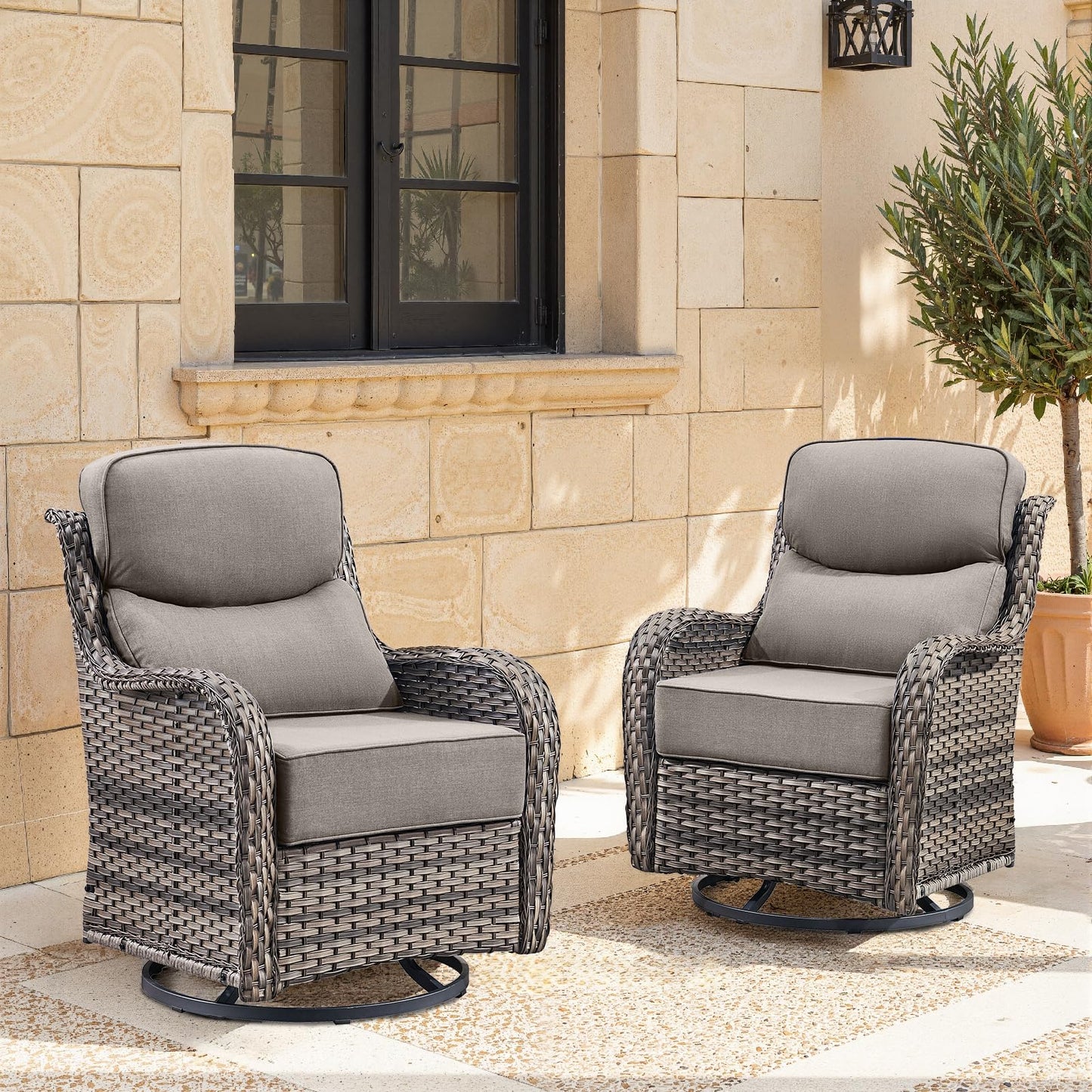 Luxury Patio Furniture Set with 6-inch Thick Cushion, Outdoor Furniture with Fire Pit Table, Swivel Chairs, Sofa, Side Table, Ottomans, 9pcs Wicker Conversation Set(Brown Wicker | Grey Cushion)