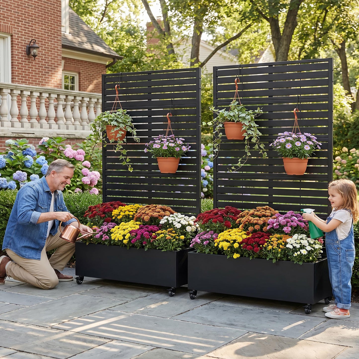 72" H Metal Raised Garden Bed with Trellis and Wheels, Privacy Screen Outdoor Planter Box with Decor Leaf Pattern, Large Mobile Vertical Planter for Patio, Balcony & Backyard
