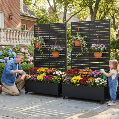 72" H Metal Raised Garden Bed with Trellis and Wheels, Privacy Screen Outdoor Planter Box with Decor Leaf Pattern, Large Mobile Vertical Planter for Patio, Balcony & Backyard
