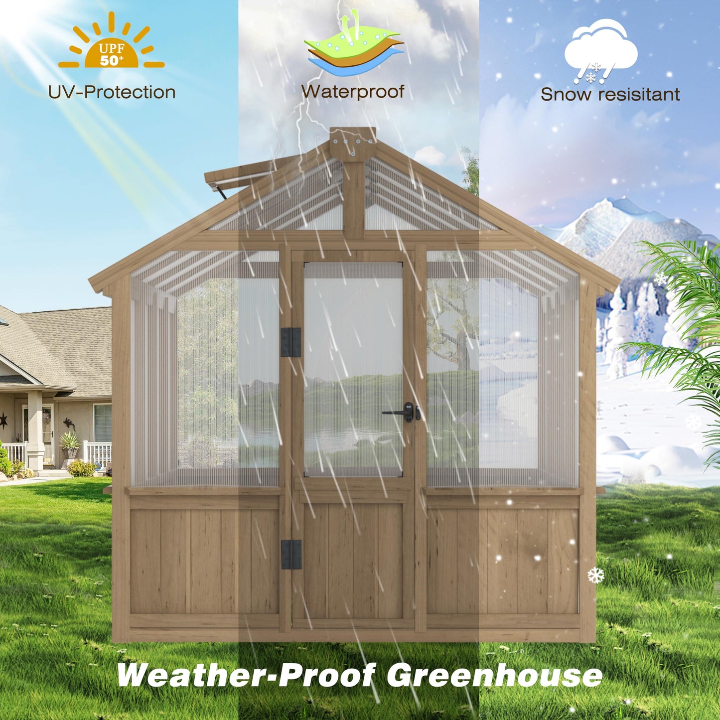 Yardenaler 8x16 FT Greenhouse for Outdoor, 6MM Thick Polycarbonate Panel Wooden Walk-in Green House with Adjustable Roof Vents and Lockable Door, Backyard Garden, Light Mocha Brown