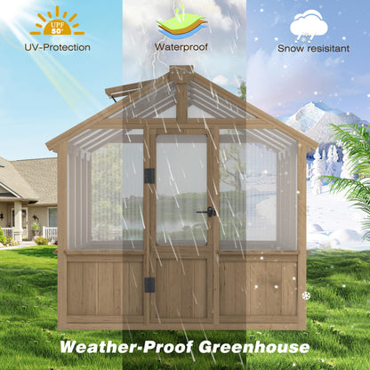 Yardenaler 8x16 FT Greenhouse for Outdoor, 6MM Thick Polycarbonate Panel Wooden Walk-in Green House with Adjustable Roof Vents and Lockable Door, Backyard Garden, Light Mocha Brown