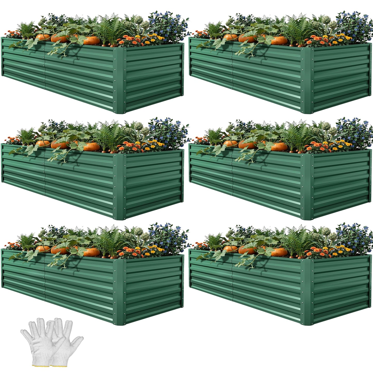 YITAHOME 6pcs 8x4x2 ft Galvanized Raised Garden Bed Kit, Large Metal Planter Box with Gloves, Safety Rubber & Support Rod, Outdoor Flower Bed for Plants Vegetables, Green