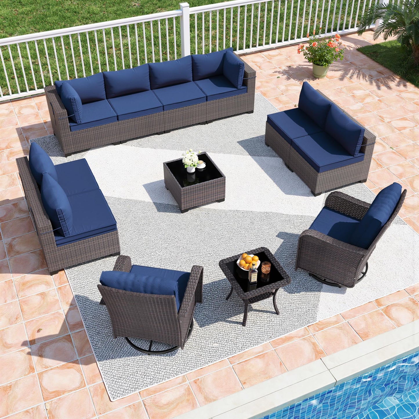 13 PCS Outdoor Patio Furniture Set,Outdoor Sectional Furniture with 43" 55000 BTU Gas Propane Fire Pit Table,All Weather PE Rattan Wicker Patio Conversation Set,Navy Blue