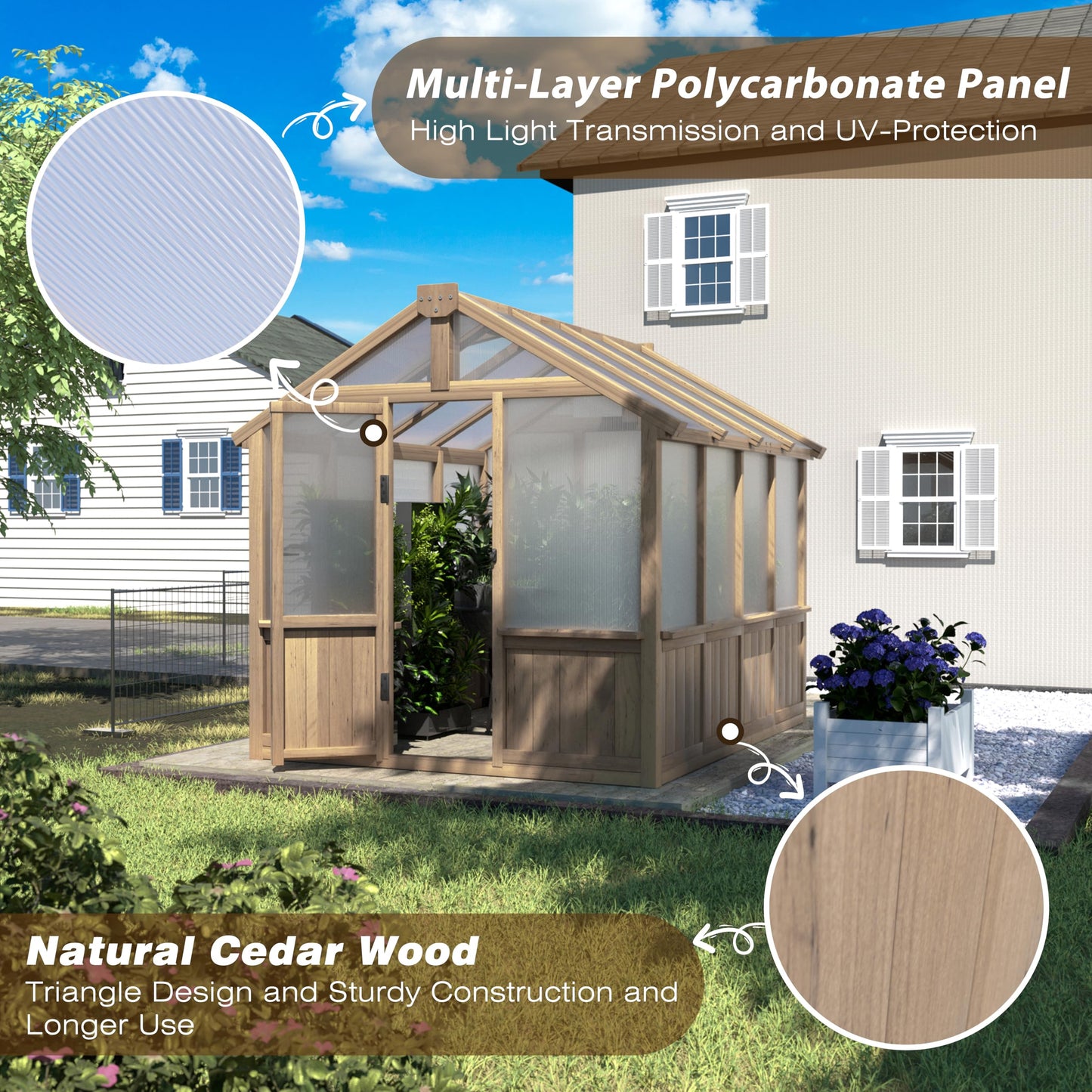 Yardenaler 8x16 FT Greenhouse for Outdoor, 6MM Thick Polycarbonate Panel Wooden Walk-in Green House with Adjustable Roof Vents and Lockable Door, Backyard Garden, Light Mocha Brown