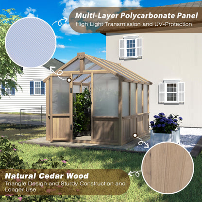 Yardenaler 8x16 FT Greenhouse for Outdoor, 6MM Thick Polycarbonate Panel Wooden Walk-in Green House with Adjustable Roof Vents and Lockable Door, Backyard Garden, Light Mocha Brown