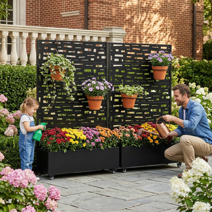 72" H Metal Raised Garden Bed with Trellis and Wheels, Privacy Screen Outdoor Planter Box with Decor Leaf Pattern, Large Mobile Vertical Planter for Patio, Balcony & Backyard