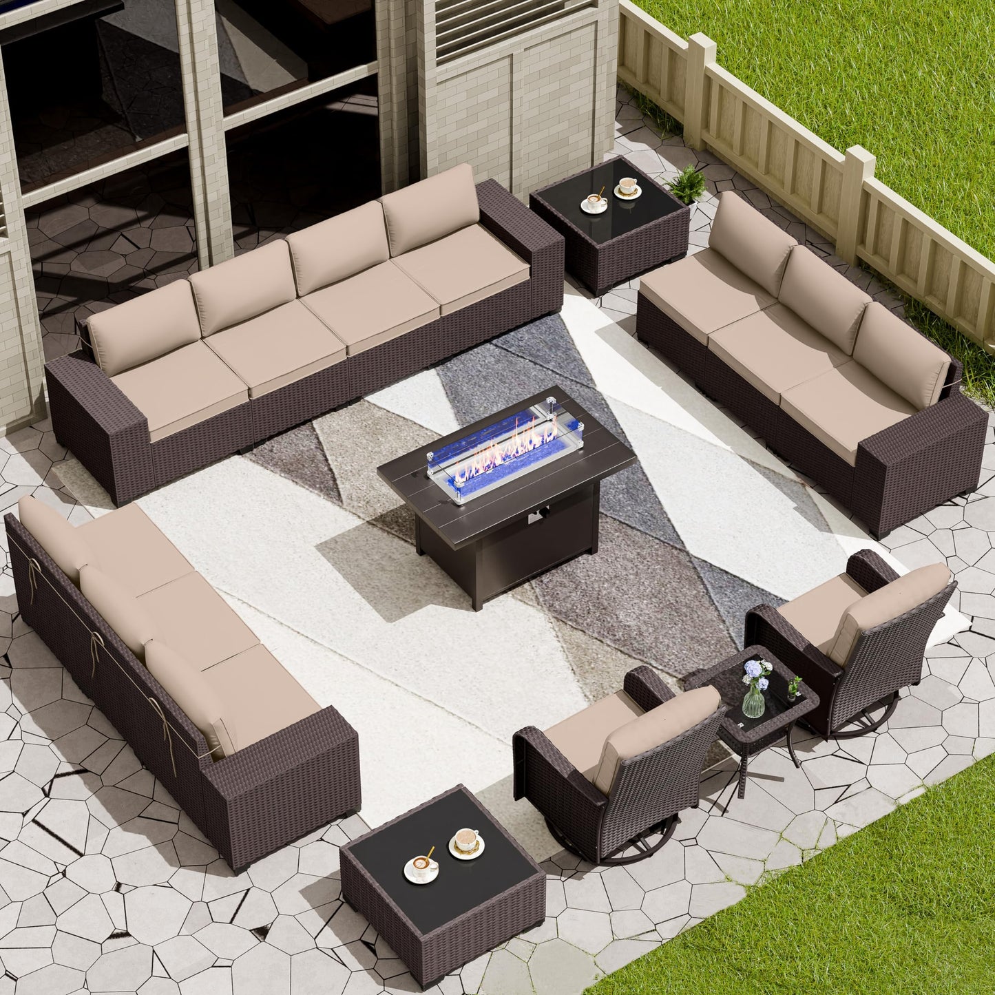 13 PCS Outdoor Patio Furniture Set,Outdoor Sectional Furniture with 43" 55000 BTU Gas Propane Fire Pit Table,All Weather PE Rattan Wicker Patio Conversation Set,Navy Blue