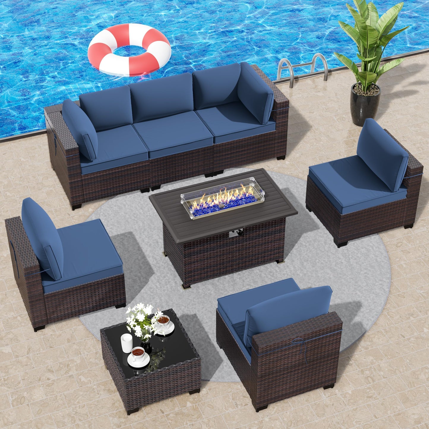 13 PCS Outdoor Patio Furniture Set,Outdoor Sectional Furniture with 43" 55000 BTU Gas Propane Fire Pit Table,All Weather PE Rattan Wicker Patio Conversation Set,Navy Blue