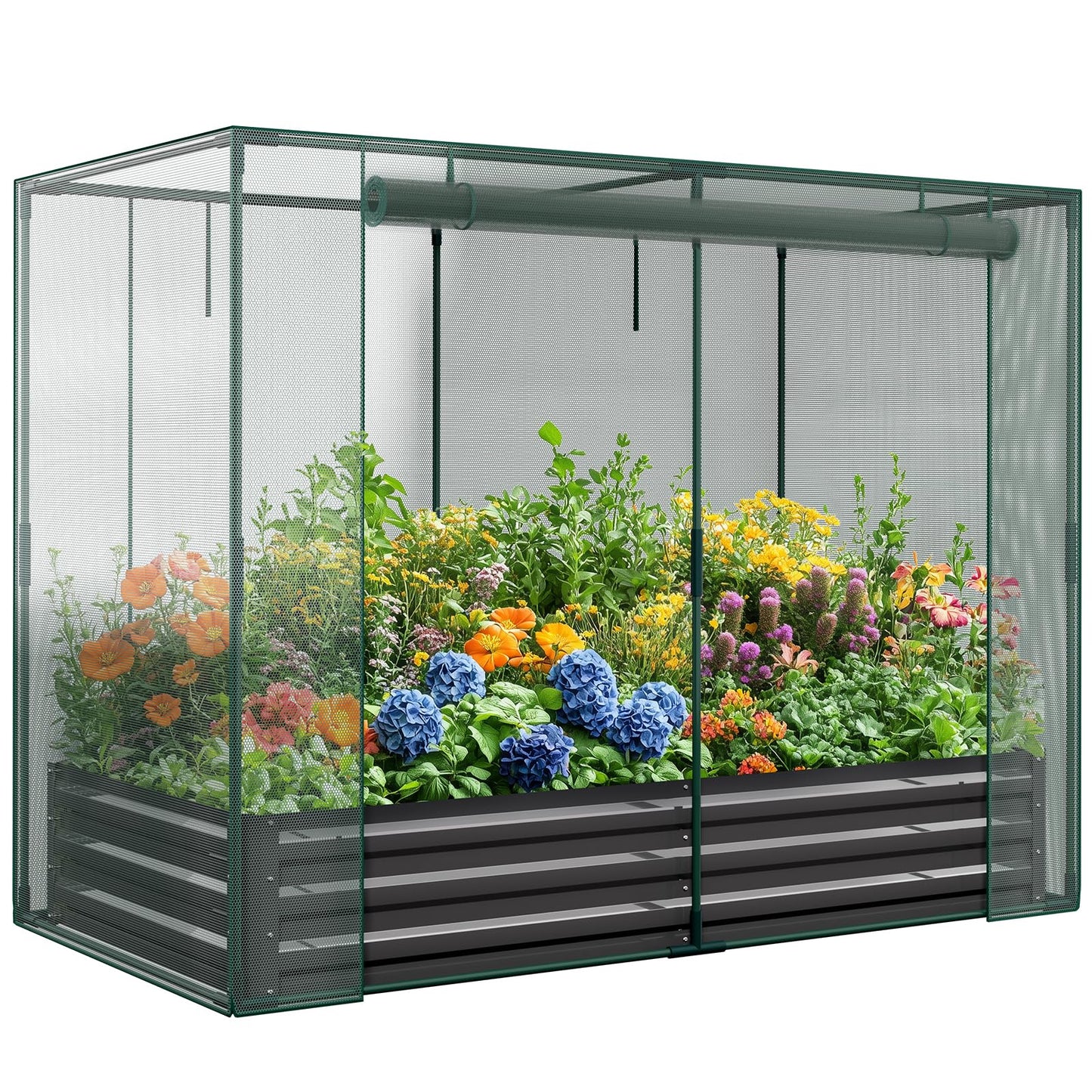Galvanized Raised Garden Bed with Crop Cage Plant Protection Net Tent Kit for Garden Plant, 71"x35.4"x 59" Plants Protection Tent Cage Metal Planter Box Bottomless Planting Vegetables Outdoor