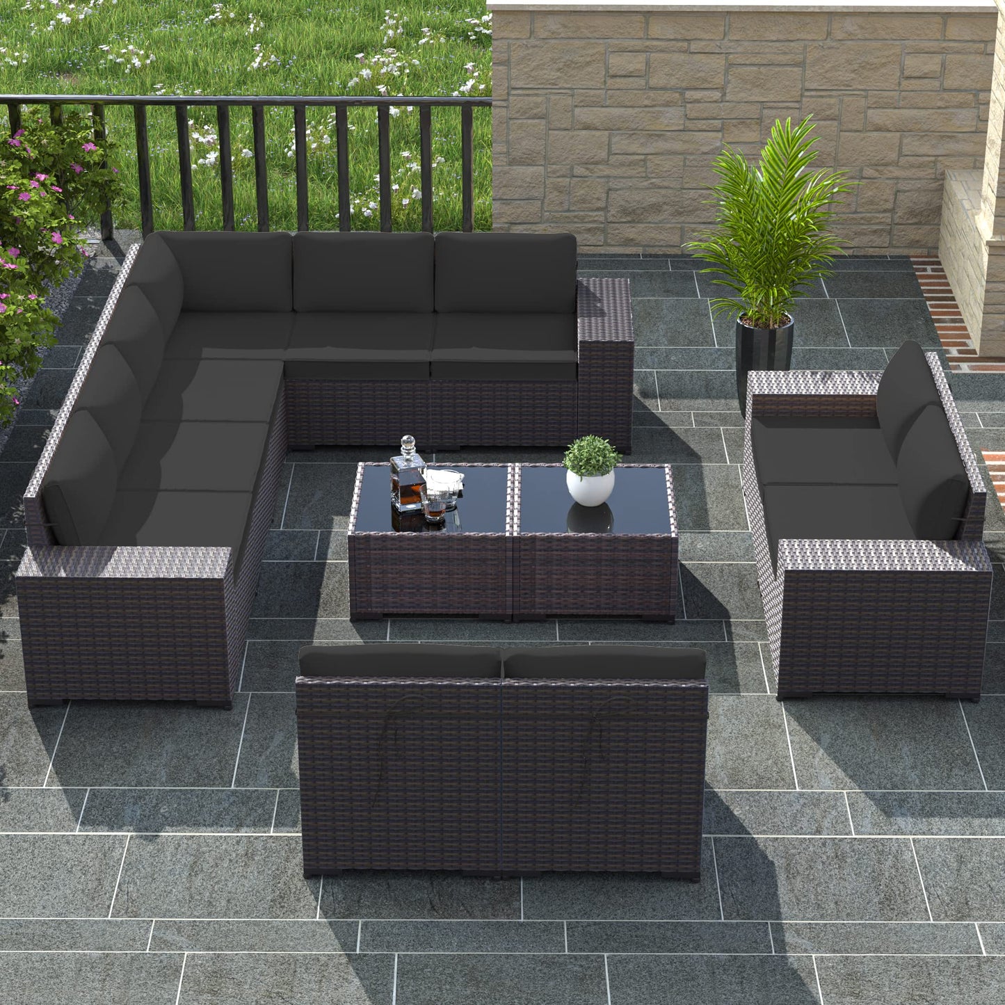 13 PCS Outdoor Patio Furniture Set,Outdoor Sectional Furniture with 43" 55000 BTU Gas Propane Fire Pit Table,All Weather PE Rattan Wicker Patio Conversation Set,Navy Blue