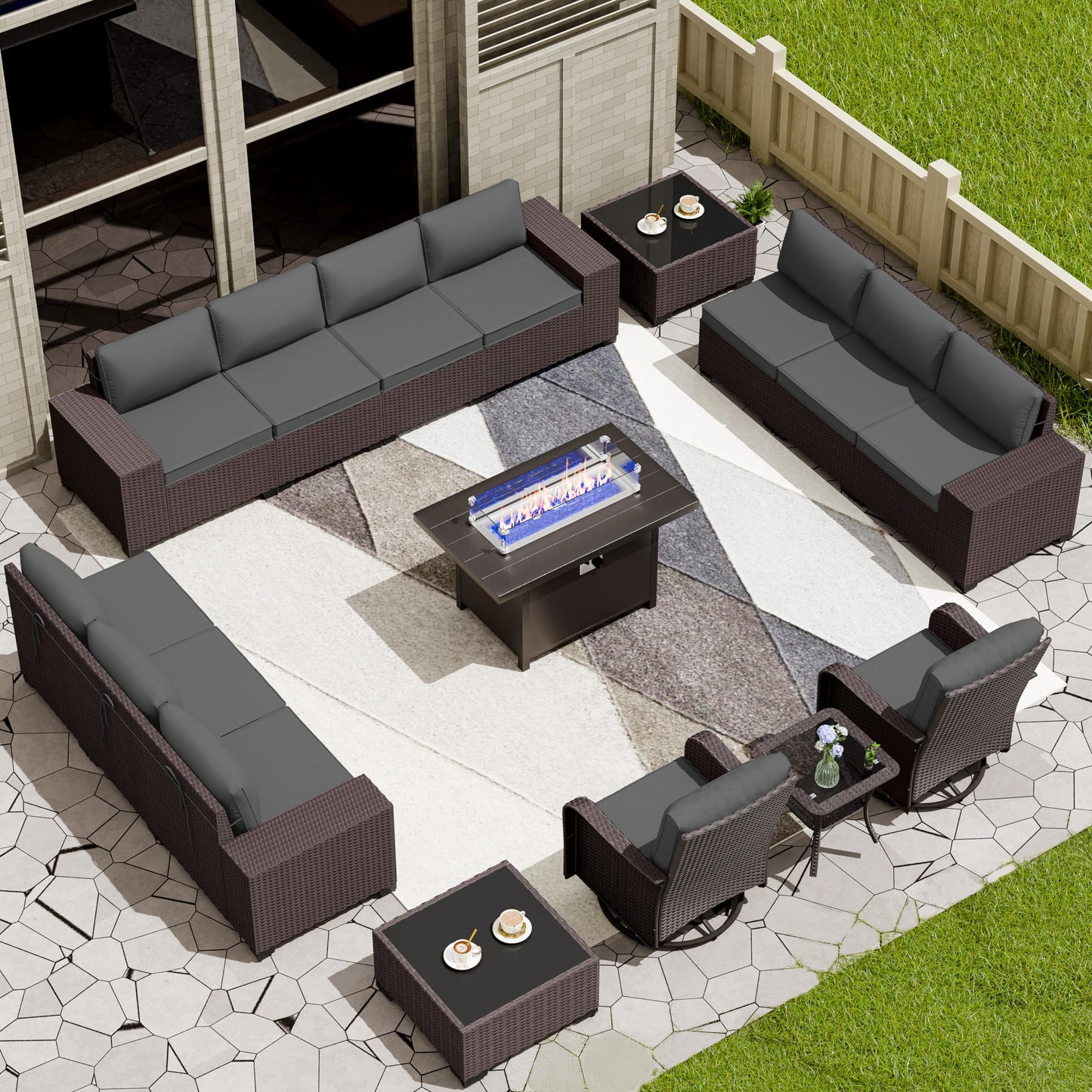 13 PCS Outdoor Patio Furniture Set,Outdoor Sectional Furniture with 43" 55000 BTU Gas Propane Fire Pit Table,All Weather PE Rattan Wicker Patio Conversation Set,Navy Blue