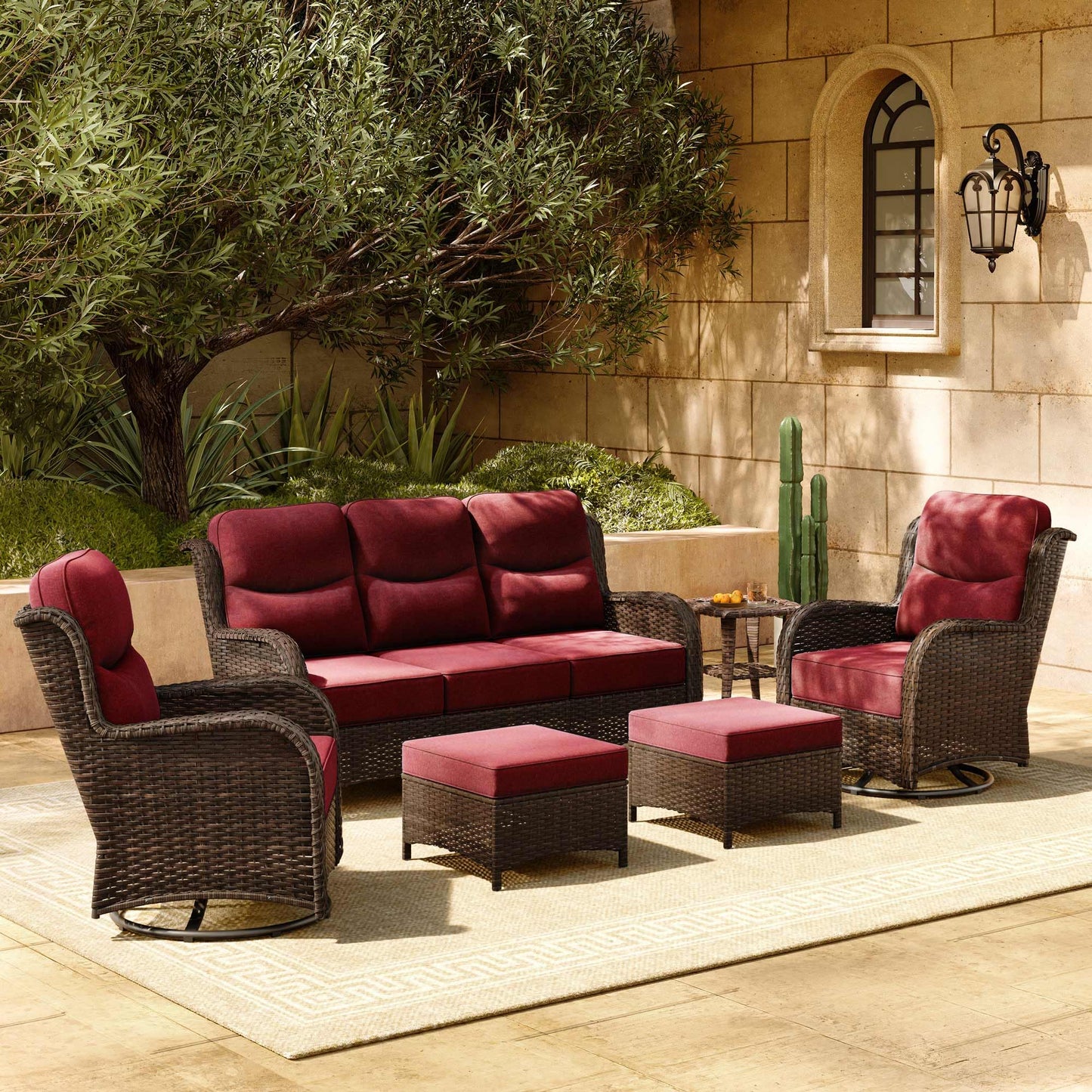 HILLGA 7-Piece Luxury Patio Furniture Set with 6" Thick Cushions, Weather-Resistant Wicker High Back Swivel Rocker Chairs, Senior-Friendly Outdoor Sofa Set for Large Deck, Yard and Poolside, Beige(V2)
