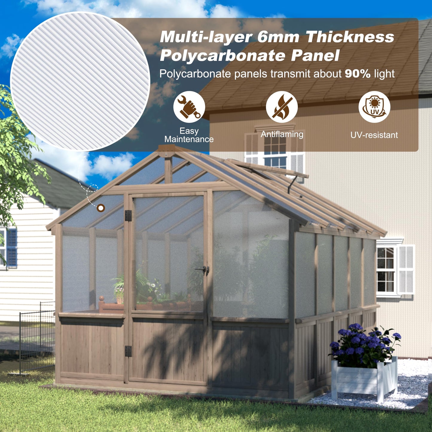 Yardenaler 8x16 FT Greenhouse for Outdoor, 6MM Thick Polycarbonate Panel Wooden Walk-in Green House with Adjustable Roof Vents and Lockable Door, Backyard Garden, Light Mocha Brown