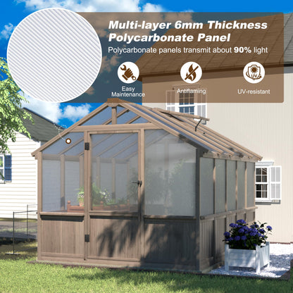 Yardenaler 8x16 FT Greenhouse for Outdoor, 6MM Thick Polycarbonate Panel Wooden Walk-in Green House with Adjustable Roof Vents and Lockable Door, Backyard Garden, Light Mocha Brown