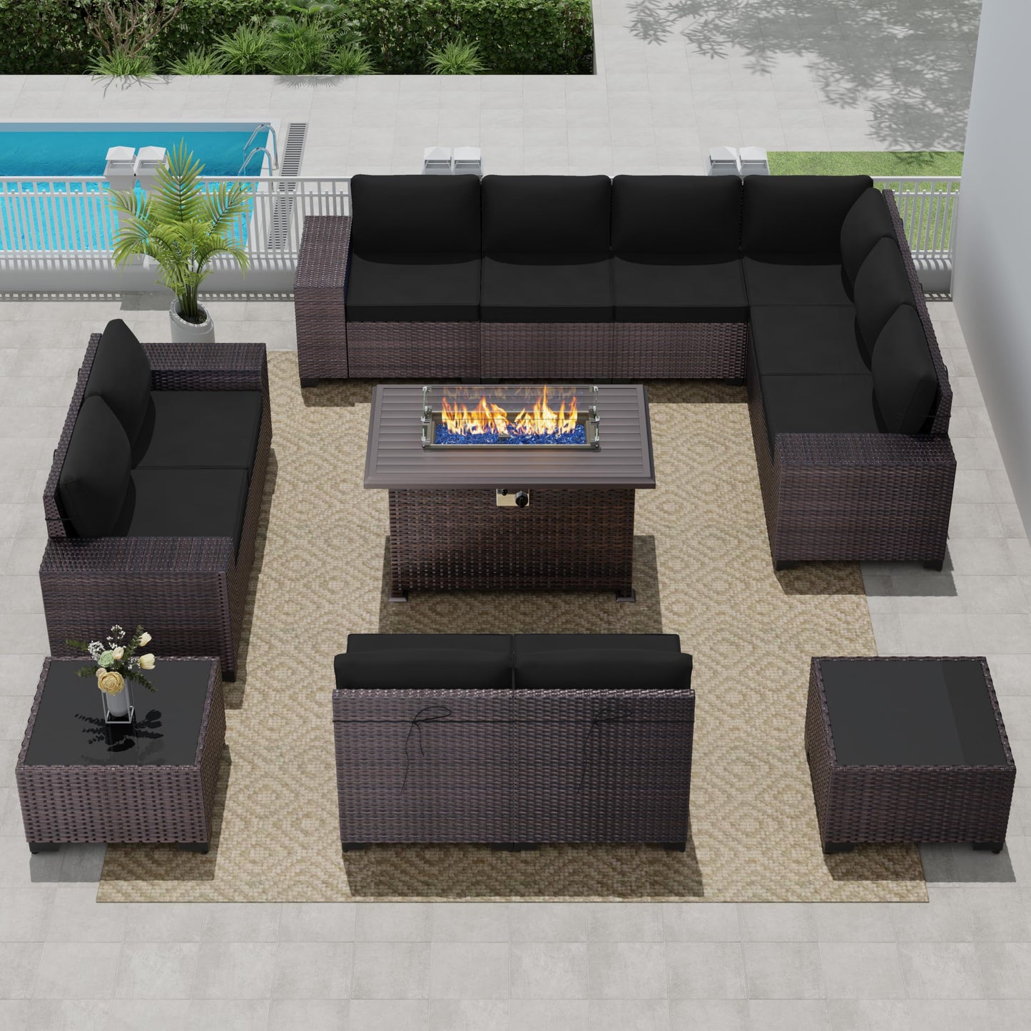 13 PCS Outdoor Patio Furniture Set,Outdoor Sectional Furniture with 43" 55000 BTU Gas Propane Fire Pit Table,All Weather PE Rattan Wicker Patio Conversation Set,Navy Blue