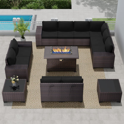 13 PCS Outdoor Patio Furniture Set,Outdoor Sectional Furniture with 43" 55000 BTU Gas Propane Fire Pit Table,All Weather PE Rattan Wicker Patio Conversation Set,Navy Blue
