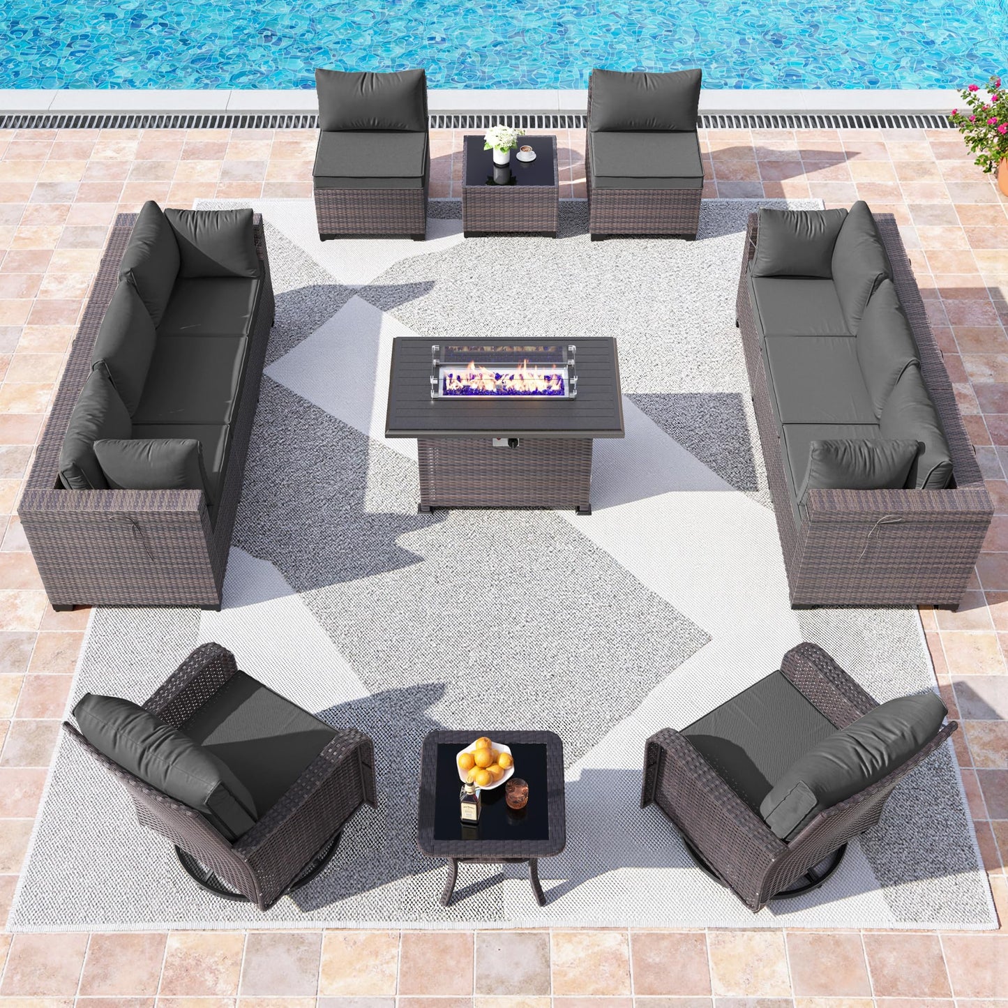 13 PCS Outdoor Patio Furniture Set,Outdoor Sectional Furniture with 43" 55000 BTU Gas Propane Fire Pit Table,All Weather PE Rattan Wicker Patio Conversation Set,Navy Blue