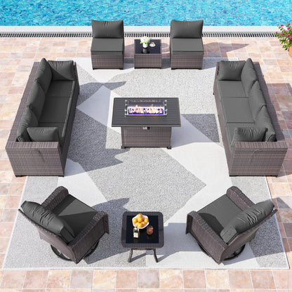 13 PCS Outdoor Patio Furniture Set,Outdoor Sectional Furniture with 43" 55000 BTU Gas Propane Fire Pit Table,All Weather PE Rattan Wicker Patio Conversation Set,Navy Blue