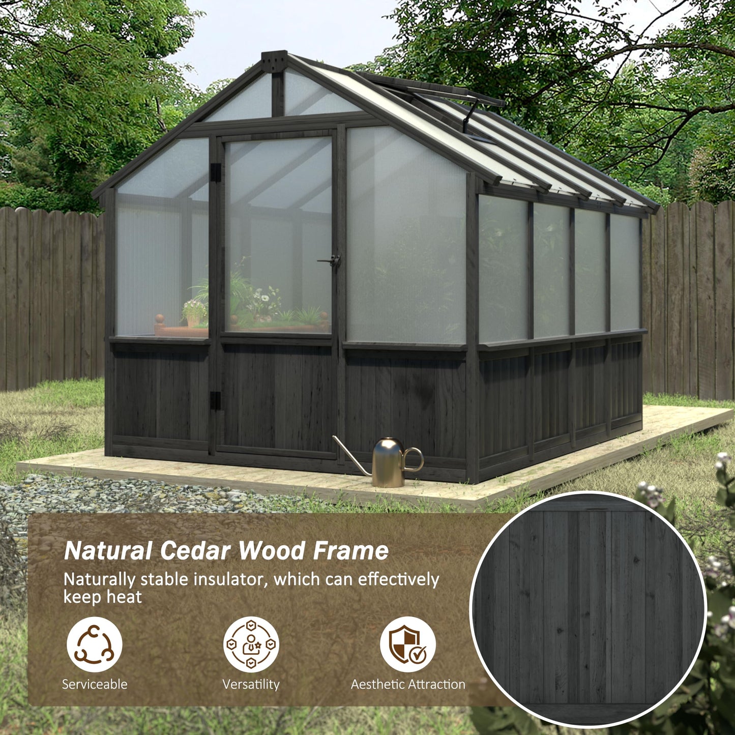 Yardenaler 8x16 FT Greenhouse for Outdoor, 6MM Thick Polycarbonate Panel Wooden Walk-in Green House with Adjustable Roof Vents and Lockable Door, Backyard Garden, Light Mocha Brown