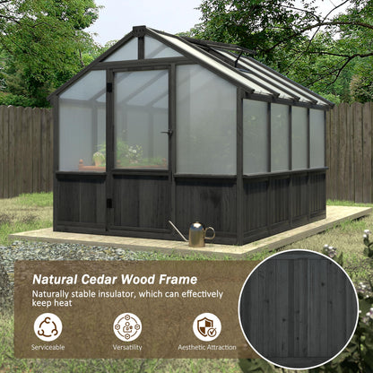 Yardenaler 8x16 FT Greenhouse for Outdoor, 6MM Thick Polycarbonate Panel Wooden Walk-in Green House with Adjustable Roof Vents and Lockable Door, Backyard Garden, Light Mocha Brown