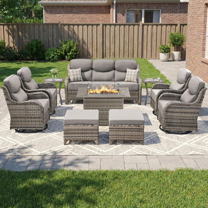 Luxury Patio Furniture Set with 6-inch Thick Cushion, Outdoor Furniture with Fire Pit Table, Swivel Chairs, Sofa, Side Table, Ottomans, 9pcs Wicker Conversation Set(Brown Wicker | Grey Cushion)