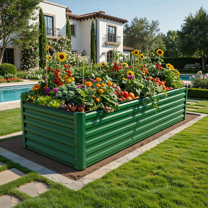 YITAHOME 6pcs 8x4x2 ft Galvanized Raised Garden Bed Kit, Large Metal Planter Box with Gloves, Safety Rubber & Support Rod, Outdoor Flower Bed for Plants Vegetables, Green