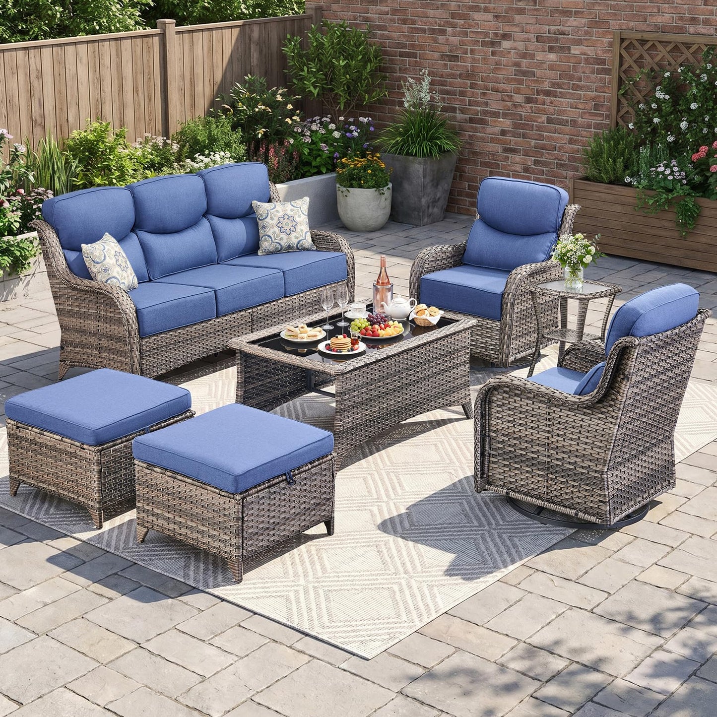 Luxury Patio Furniture Set with 6-inch Thick Cushion, Outdoor Furniture with Fire Pit Table, Swivel Chairs, Sofa, Side Table, Ottomans, 9pcs Wicker Conversation Set(Brown Wicker | Grey Cushion)